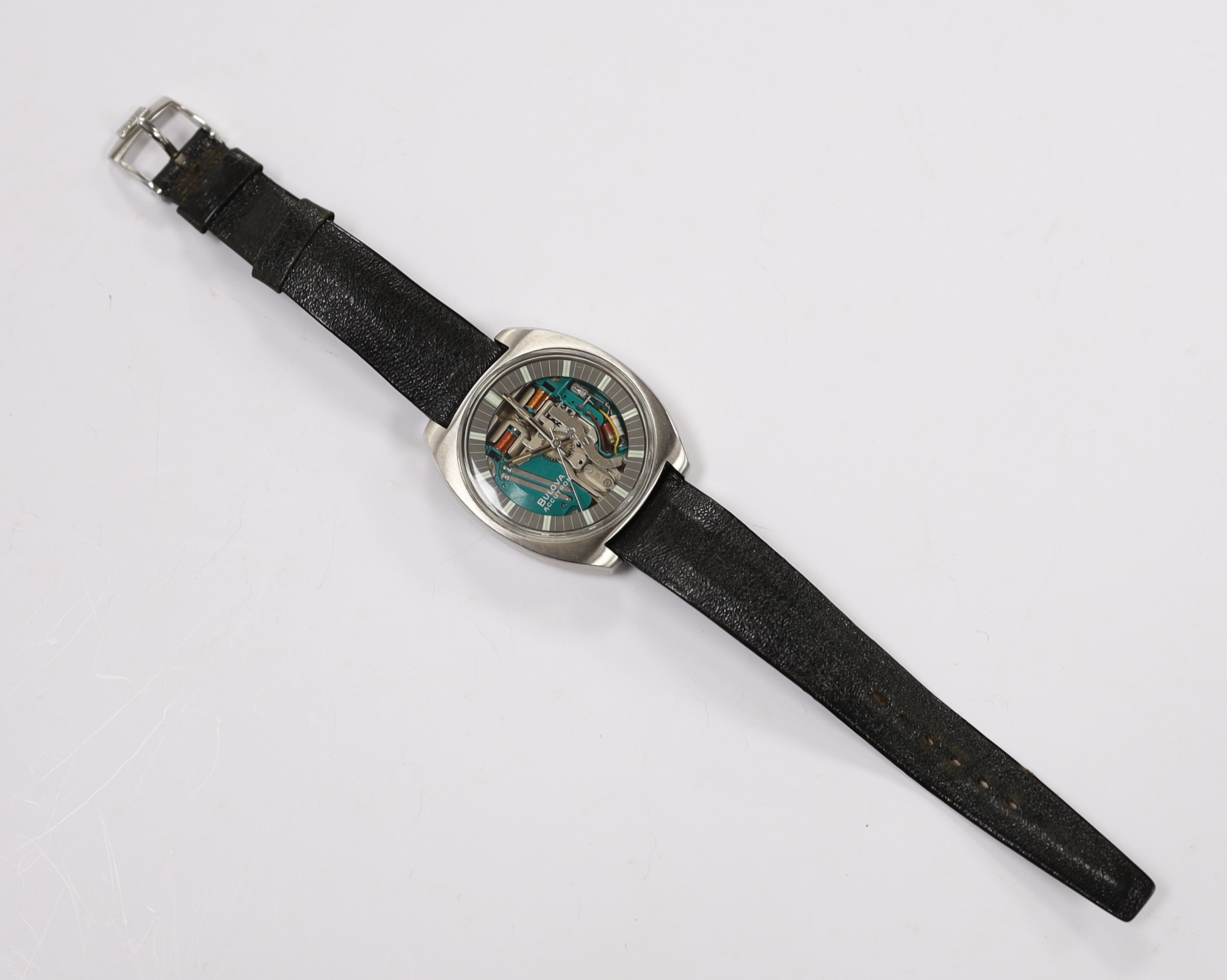 A gentleman's stainless steel Bulova Accutron M7 wrist watch, on a Bulova leather strap, case diameter 38mm.